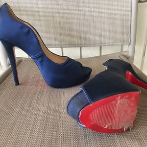 YOOPRETTYZ Dark Blue Satin Platform Pumps w Red Soles Sz 39 Fit 8 8.5